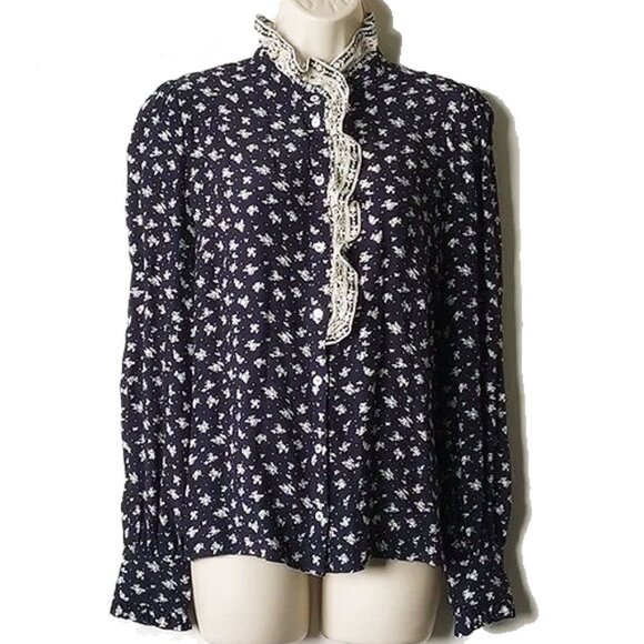 NWOT Sezane X Sea New York Chloe Lace Ruffle Trim Long Sleeve Blouse 4 Navy - Picture 2 of 10